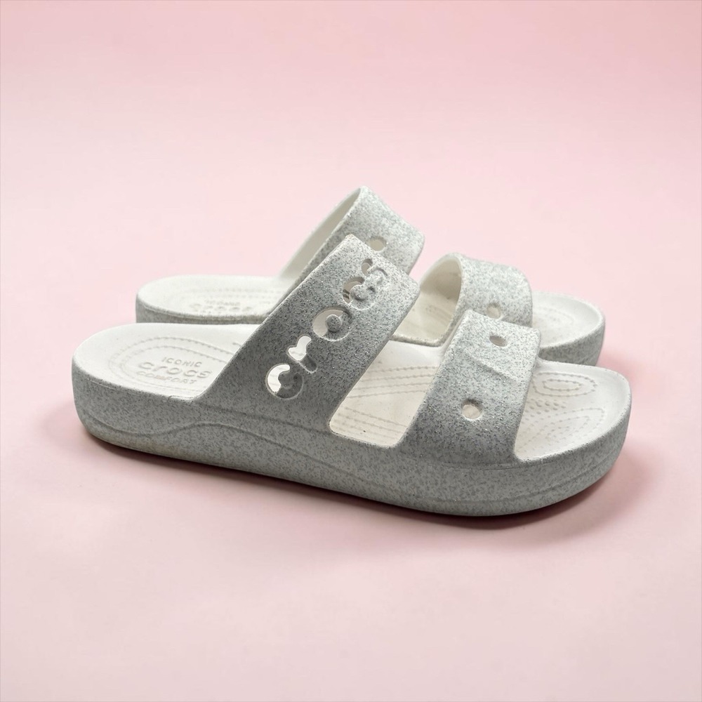 CROCS Baya Two Strap Platform Sandal White Glitter Size Women's 8